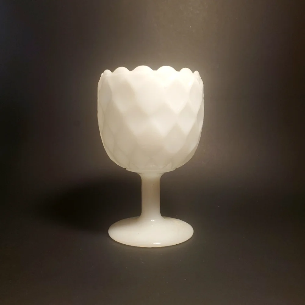 VINTAGE Textured Diamond White Milk Glass Pedestal MCM / Goblet / Bowl /Vase EUC